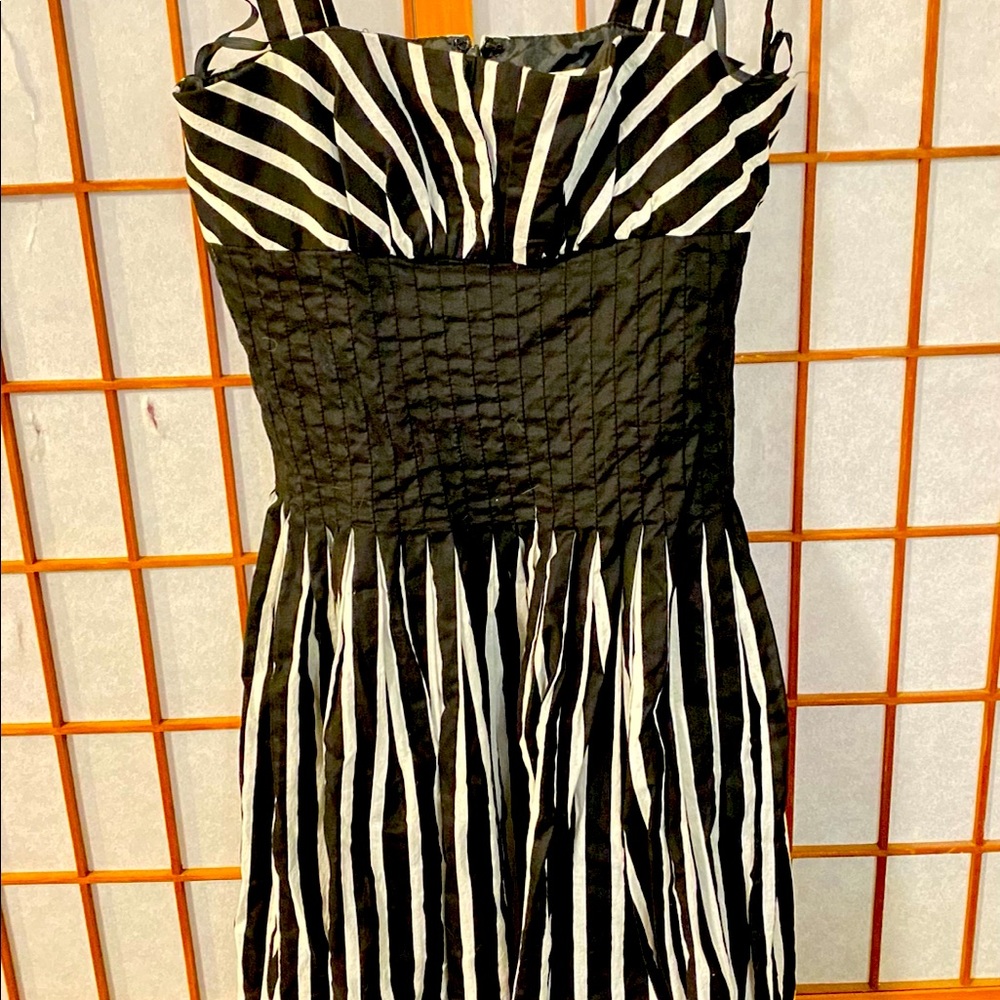 White & Black Striped Knee-Length, A-Line Dress